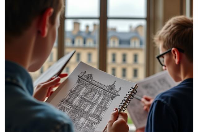 Groupe d'étudiants esquissant l'architecture parisienne sous une belle lumière